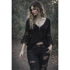 Black Bell Sleeve Y2K Witchy Fairy Goth Boho Whimsical Festival Top SZ M